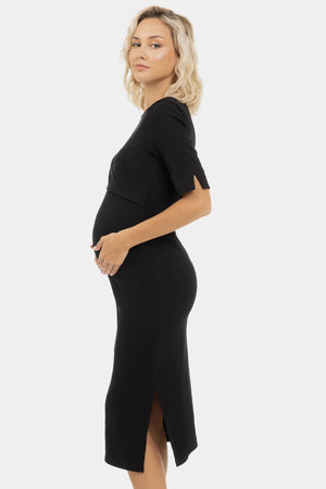 Bawełniana prążkowana sukienka ciążowa i do karmienia – czarna