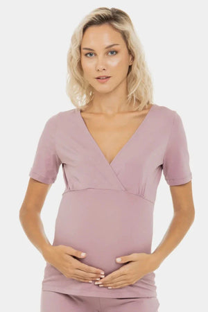 Bawełniana piżama ciążowa i do karmienia w kolorze pudrowym