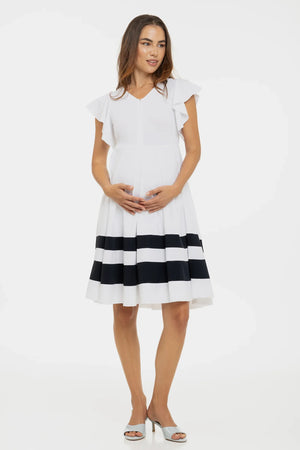 Biała zwiewna sukienka ciążowa i do karmienia z kontrastowymi pasami