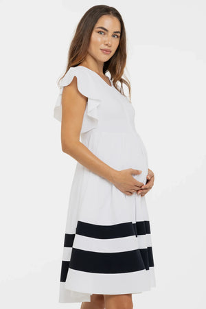 Biała zwiewna sukienka ciążowa i do karmienia z kontrastowymi pasami