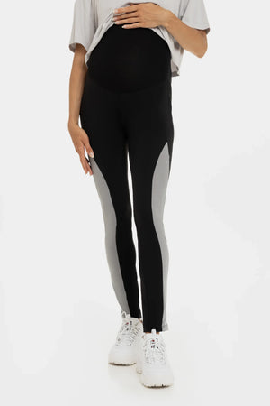 Sportowe legginsy ciążowe z szarymi paskami