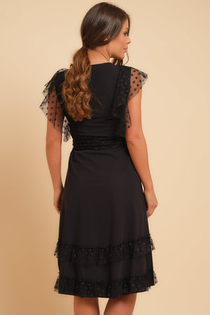 Elegancka czarna sukienka ciążowa i do karmienia w kropki