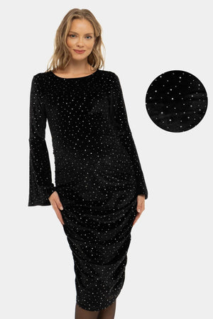 Błyszcząca welurowa sukienka z marszczeniami - czarna