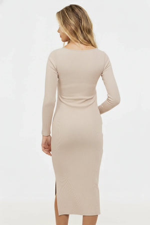 Prążkowana bawełniana sukienka ciążowa i do karmienia - beżowa