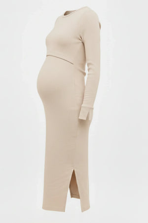 Prążkowana bawełniana sukienka ciążowa i do karmienia - beżowa