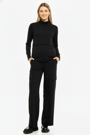 Елегантен черен карго панталон за бременни - цял ръст