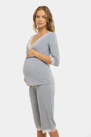 Bawełniana szara piżama ciążowa i do karmienia z koronką