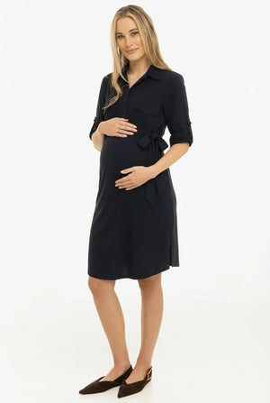 Еластична рокля с яка за бременни и кърмещи - тъмносиня