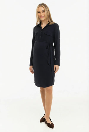 Еластична рокля с яка за бременни и кърмещи - тъмносиня