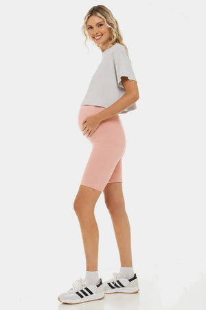 Miękkie podwójne legginsy ciążowe – bezszwowy design - pudrowe