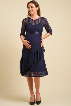Elegancka długa koronkowa sukienka ciążowa - granatowa