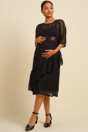 Elegancka długa koronkowa sukienka ciążowa - czarna