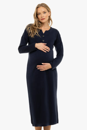 Długa dzianinowa sukienka ciążowa i do karmienia – granatowa