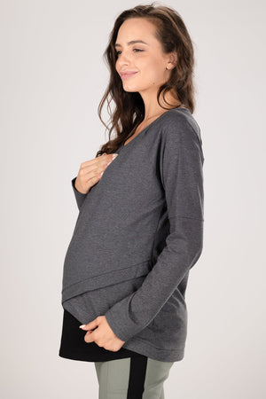 Bawełniana bluzka ciążowa i do karmienia – ciemnoszara