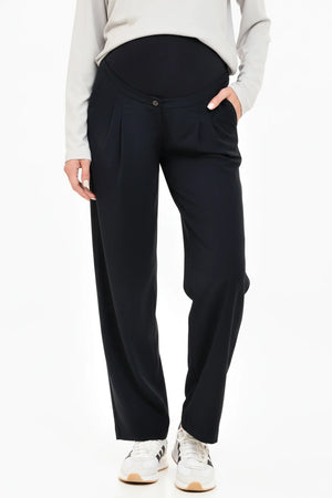 Rozkloszowane elastyczne spodnie ciążowe z zakładkami – granatowe